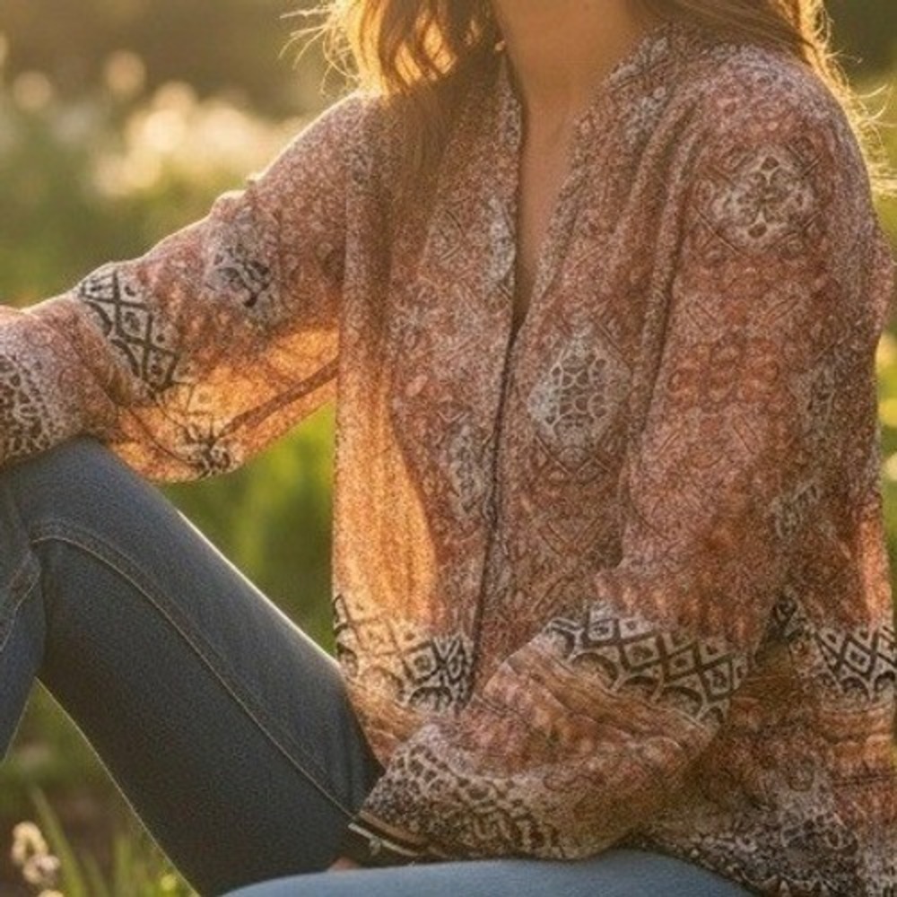 Terracotta Bohemian Medallion Print Button Front Blouse Women's Size‎ M Peasant
